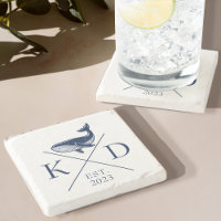 Nautical Monogram Whale Navy Stone Coaster