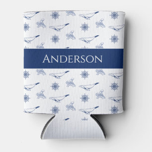 Nautical monogram Whales and octopus navy White Can Cooler