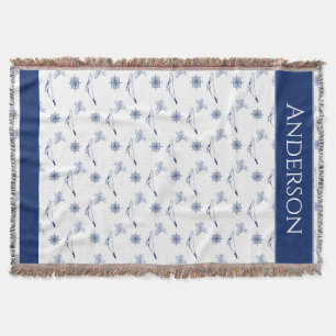 Nautical monogram Whales and octopus navy White Throw Blanket