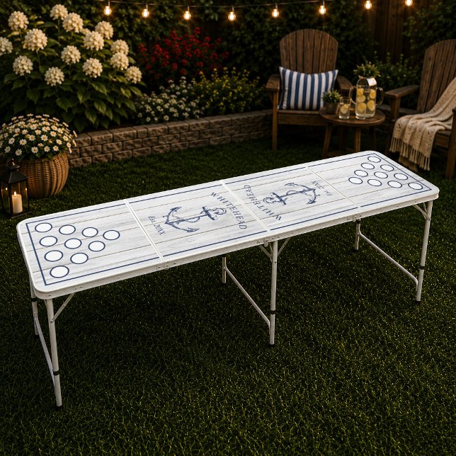 Nautical Monogram White Rustic Wood Beer Pong Table (Elevate your backyard parties with this gorgeous nautical monogram beige rustic wood beer pong table)