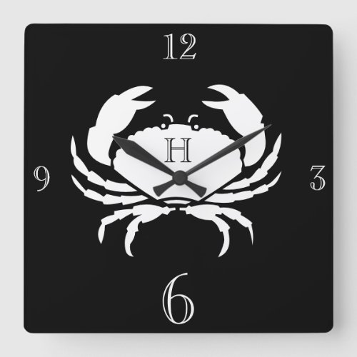 Nautical monogrammed black and white crab  large c square wall clock