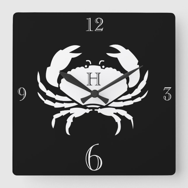 Nautical monogrammed black and white crab  large c square wall clock (Front)