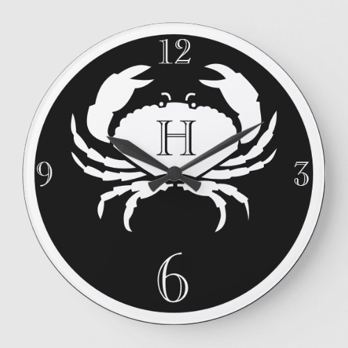 Nautical monogrammed black and white crab  large clock