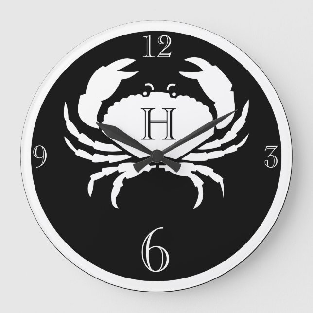 Nautical monogrammed black and white crab  large clock (Front)