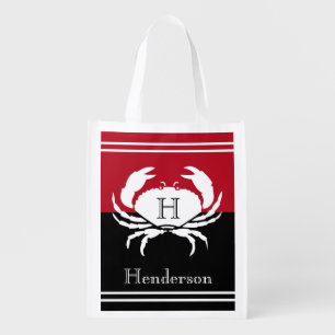 Nautical Monogrammed Black Red White Crab Grocery Bag