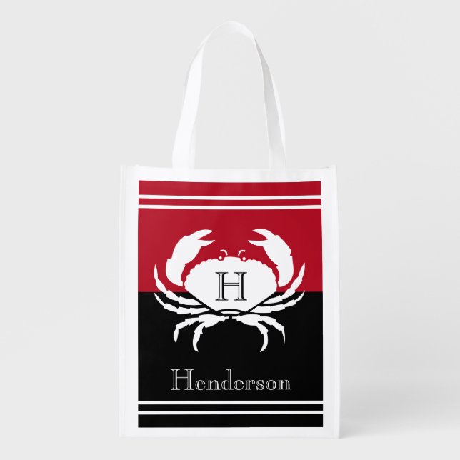  Nautical Monogrammed Black Red White Crab Grocery Bag (Front)