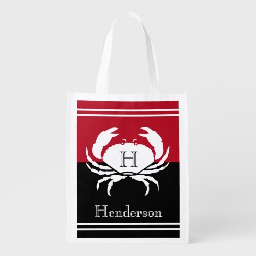  Nautical Monogrammed Black Red White Crab Grocery Grocery Bag