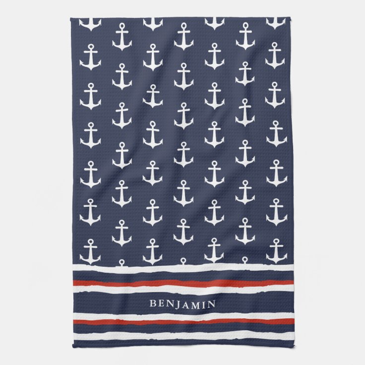 Nautical Monogrammed Navy Blue Red White Anchor Kitchen Towel 