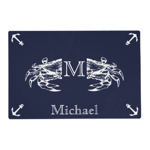 Nautical Monogrammed Navy Blue White Crab Anchor Placemat