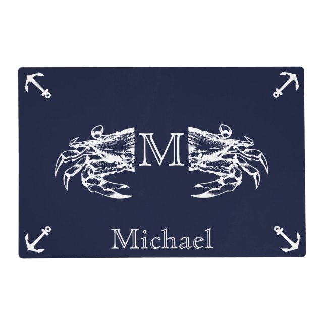 Nautical Monogrammed Navy Blue White Crab Anchor Placemat (Front)