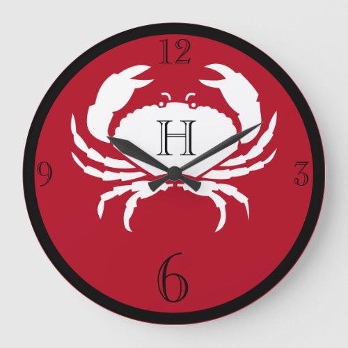 Nautical monogrammed red black white crab large clock