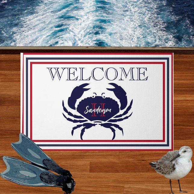 Nautical monogrammed red navy blue white crab  doormat (Creator Uploaded)