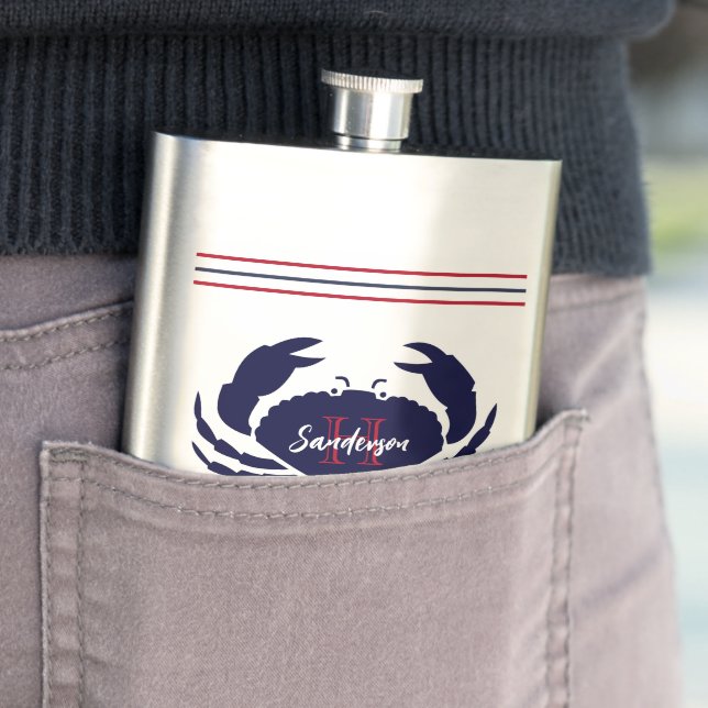 Nautical monogrammed red navy blue white  crab  flask (In Situ)