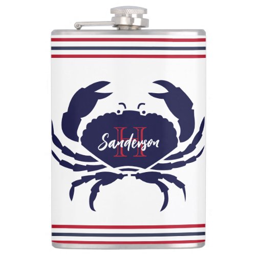 Nautical monogrammed red navy blue white  crab  flask