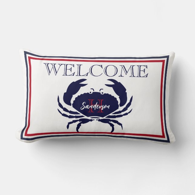 Nautical monogrammed red navy blue white crab  lumbar pillow (Front)