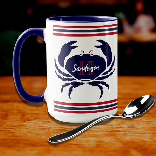 Nautical monogrammed red navy blue white  crab  mug
