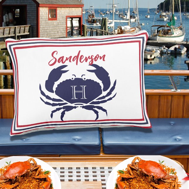 Nautical monogrammed red navy blue white  crab  outdoor pillow (Creator Uploaded)