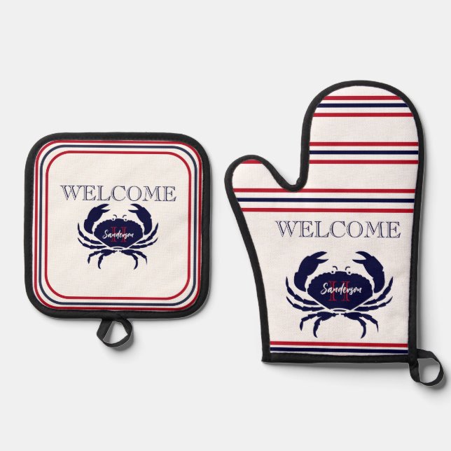 Nautical monogrammed red navy blue white crab  oven mitt & pot holder set (Front)