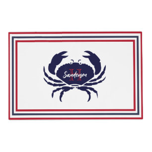 Nautical monogrammed red navy blue white crab placemat
