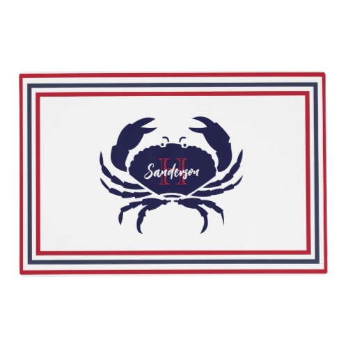 Nautical monogrammed red navy blue white  crab  placemat