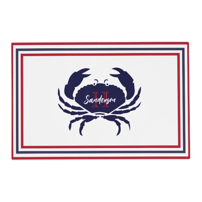 Nautical monogrammed red navy blue white  crab  placemat (Front)