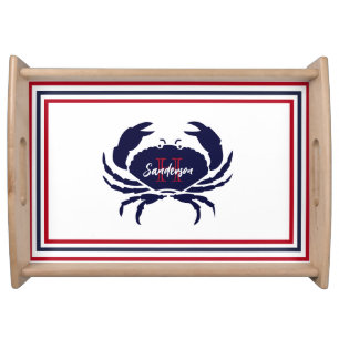 Nautical monogrammed red navy blue white  crab  serving tray