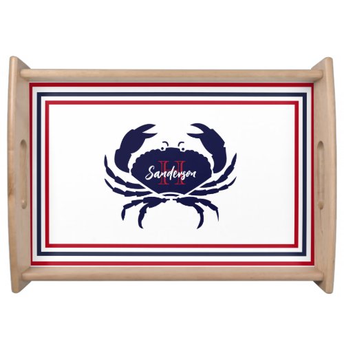 Nautical monogrammed red navy blue white  crab  serving tray