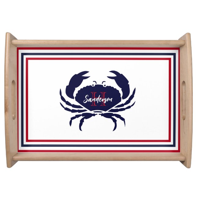 Nautical monogrammed red navy blue white  crab  serving tray (Front)