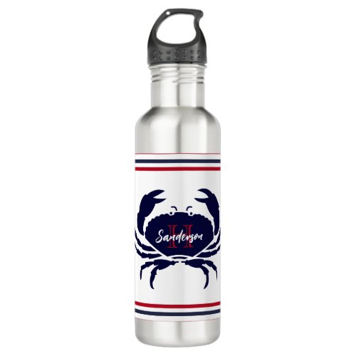 Nautical monogrammed red navy blue white  crab  stainless steel water bottle