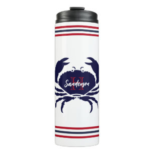 Nautical monogrammed red navy blue white crab thermal tumbler