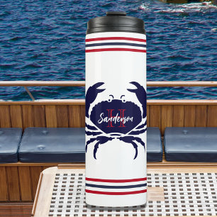 Nautical monogrammed red navy blue white crab thermal tumbler