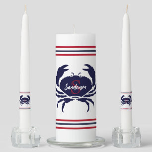 Nautical monogrammed red navy blue white crab unity candle set