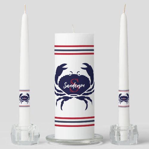 Nautical monogrammed red navy blue white crab  unity candle set