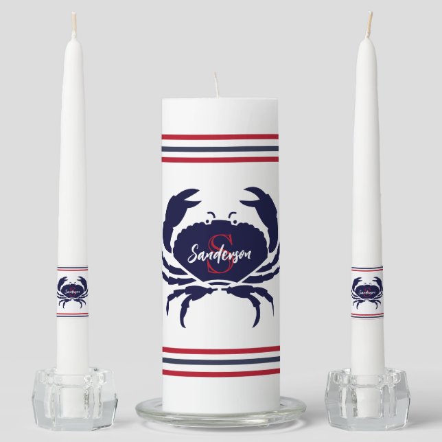 Nautical monogrammed red navy blue white crab  unity candle set (Front)