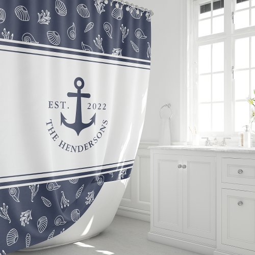 Nautical Monogrammed White Navy Blue Anchor Shower Curtain