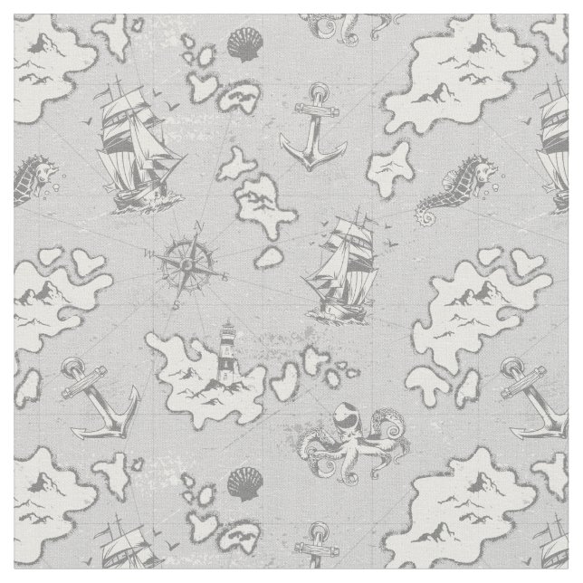 nautical monotone antique pirate map fabric (Close Up)