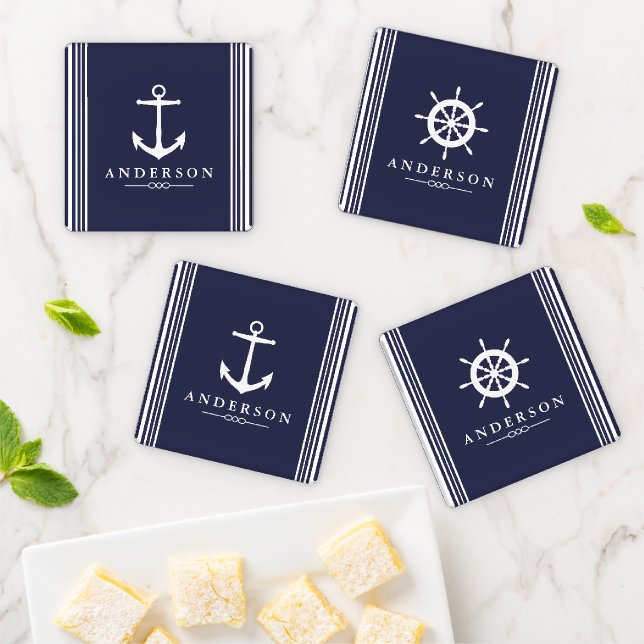 Nautical Motif Anchor & Ship Wheel Navy Blue Coaster Set (In Situ)