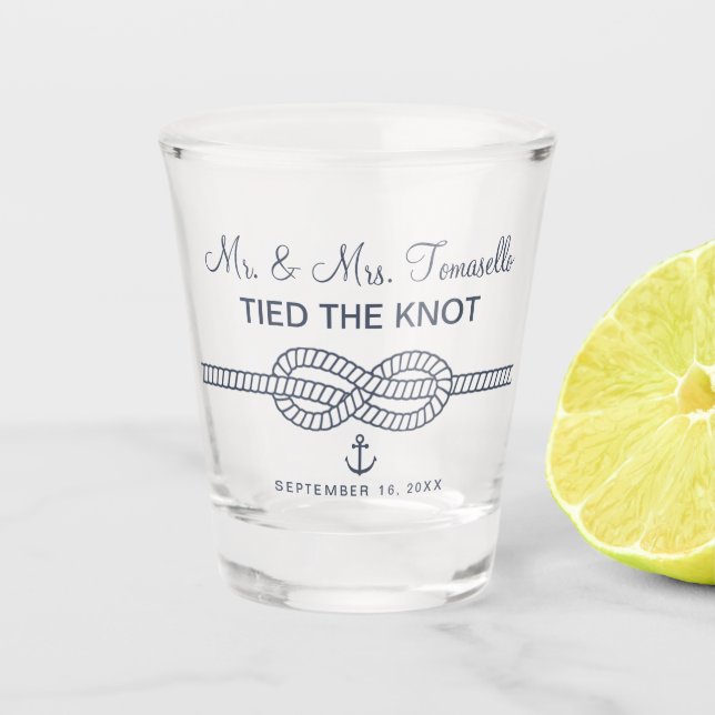 Nautical Mr and Mrs Tied The Knot Wedding Shot Glass (Front)