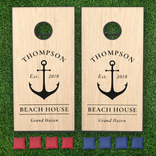 Nautical Natural Black Anchor Beach House Name Cornhole Set