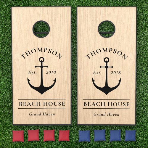 Nautical Natural Black Anchor Beach House Name Cornhole Set