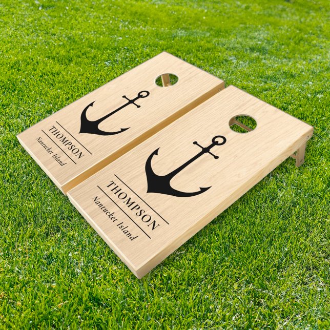 Nautical Natural Black Anchor Custom Monogram Name Cornhole Set (Creator Uploaded)