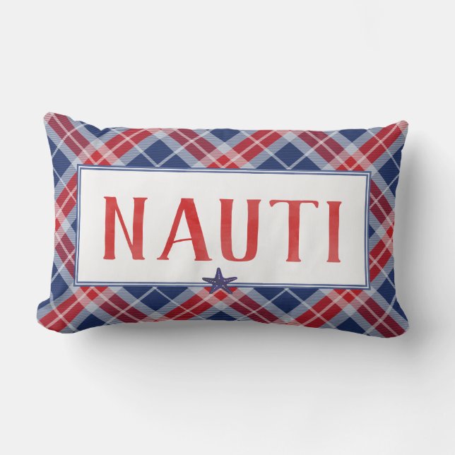 Nautical NAUTI Christmas Starfish Blue Red Plaid Lumbar Pillow (Front)
