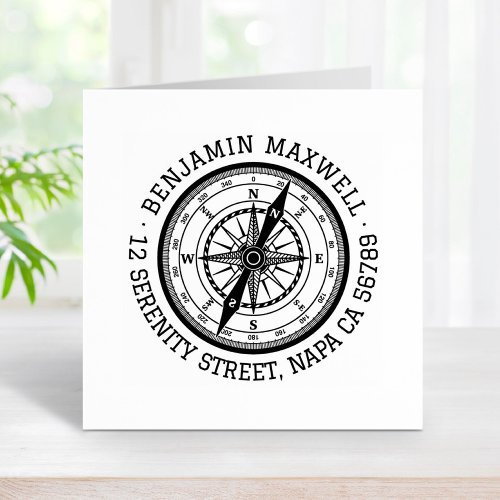 Nautical Navigation Compass Round Address Rubber Stamp