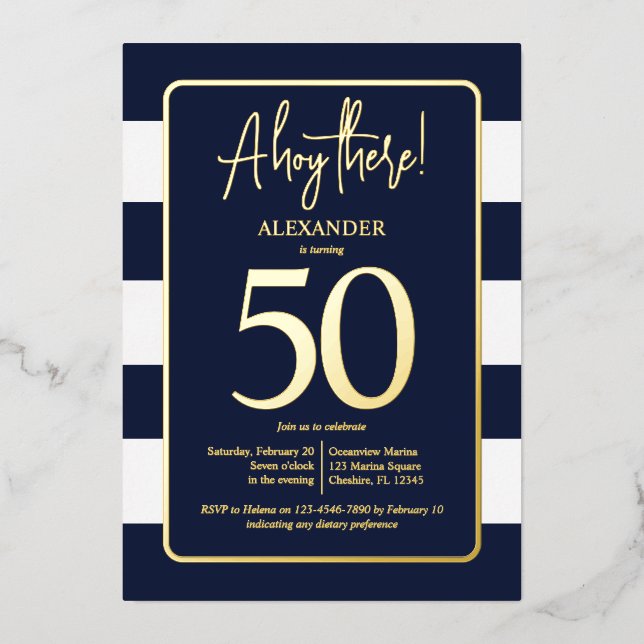 Nautical Navy 50th Birthday Party Foil Invitation (Front)
