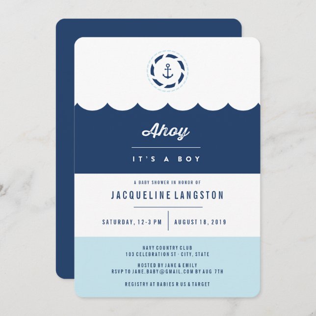 Nautical Navy Ahoy It's A Boy Modern Baby Shower Invitation (Front/Back)