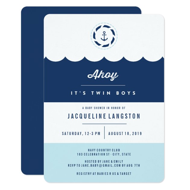Nautical Navy Ahoy Twin Boys Baby Shower Invite