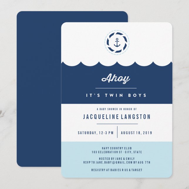 Nautical Navy Ahoy Twin Boys Baby Shower Invite (Front/Back)