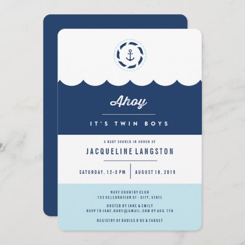 Nautical Navy Ahoy Twin Boys Baby Shower Invite