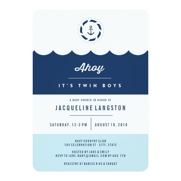 Nautical Navy Ahoy Twin Boys Baby Shower Invite
