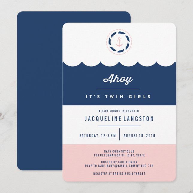 Nautical Navy Ahoy Twin Girls Baby Shower Invite (Front/Back)